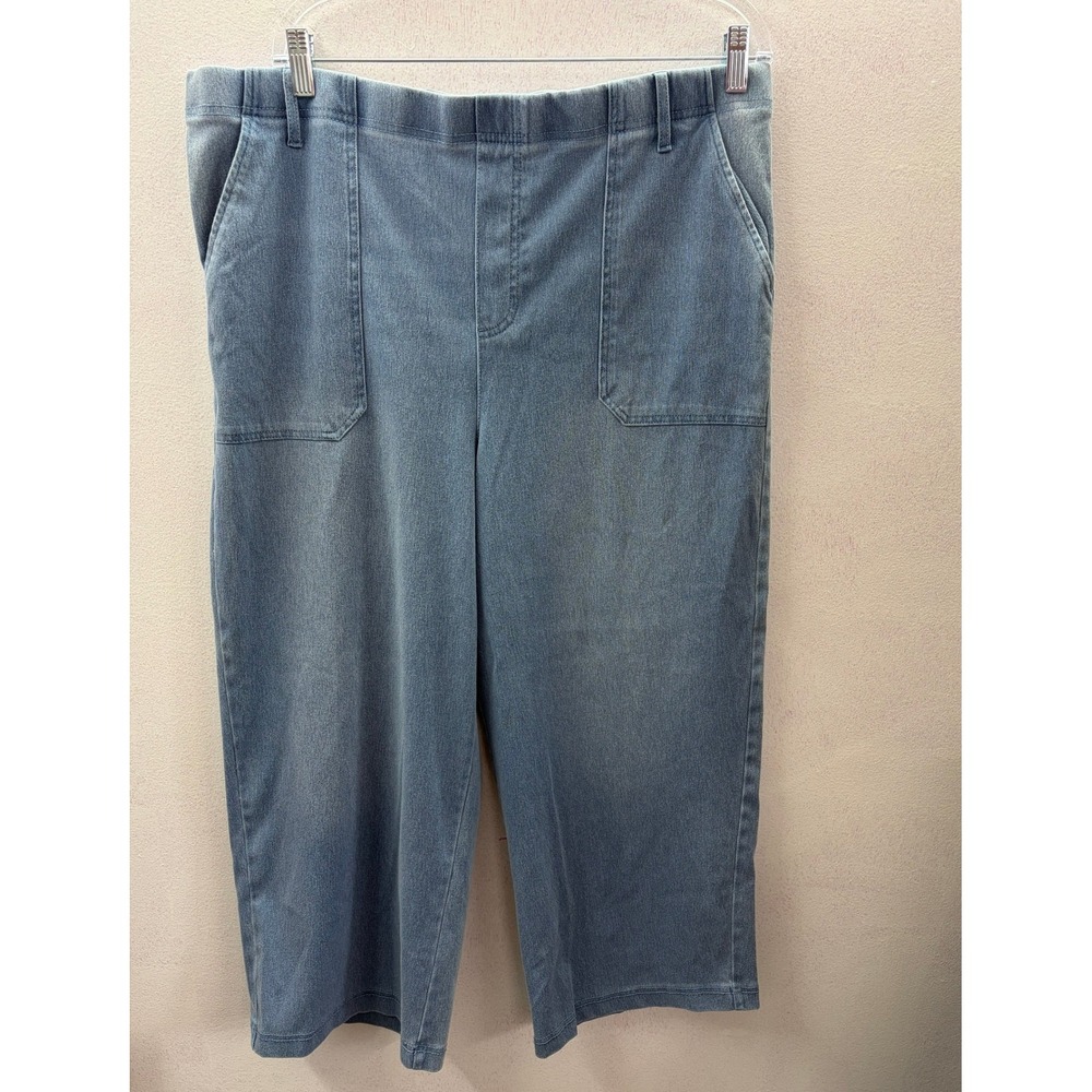 Serra Women XL Blue Denim  Capri Pants Elastic Waist Patch Pocket Wide Leg